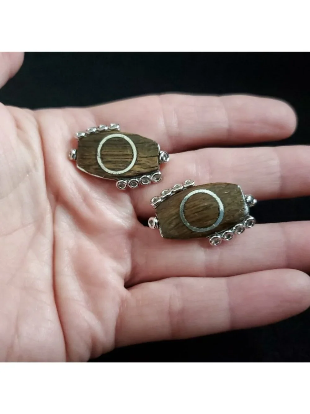 Vintage Swank Cufflinks Silver Tone Brown Wood Inlay 1.25